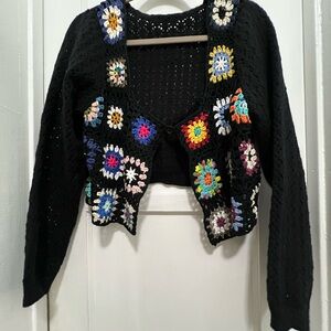Colorful Crochet Patterned Women's Crop Top Sweater